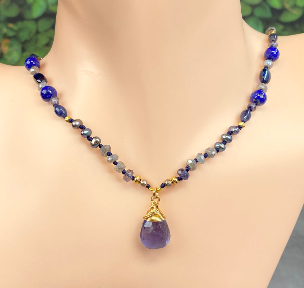 Blue Iolite Pendant Silk Knot Necklace: Mystic Labradorite, Pearl, Iolite, Blue Lapis, Gold Fill