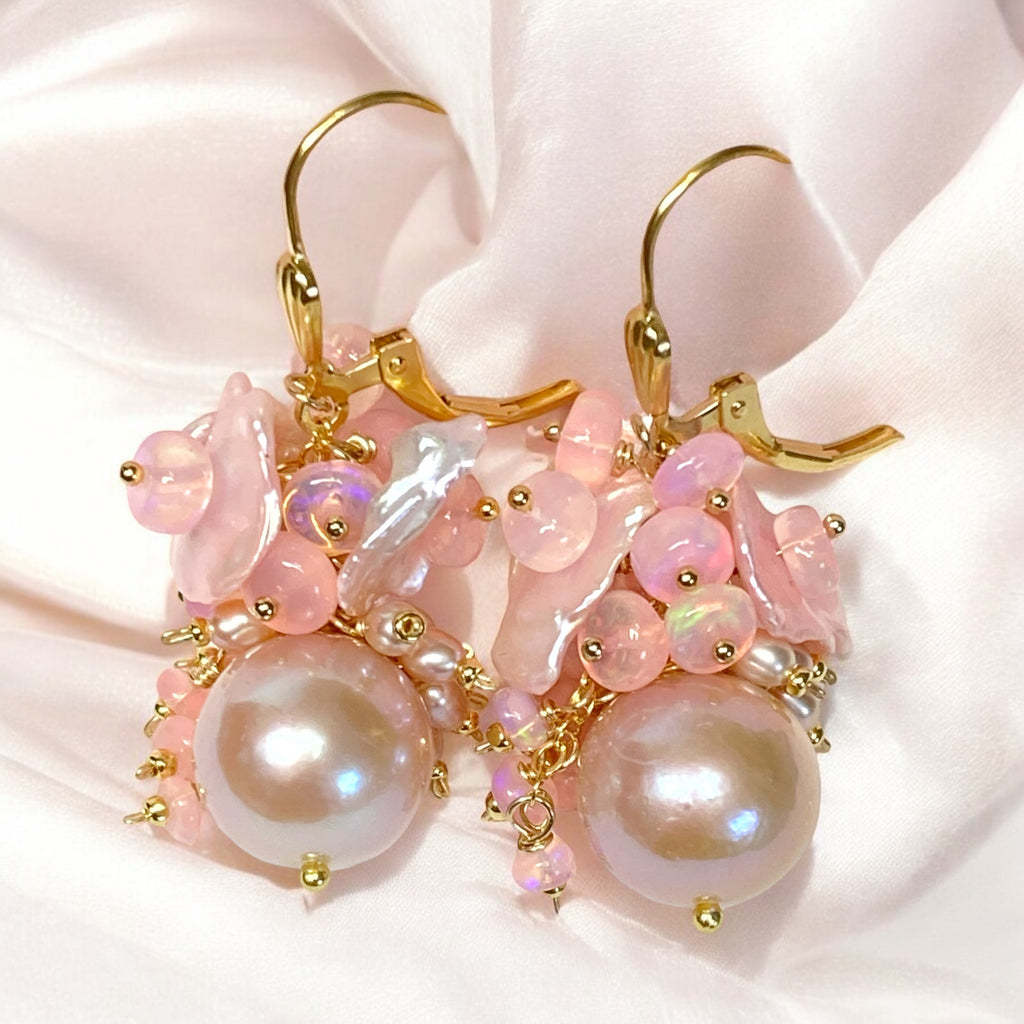 Pink Pearl Ethiopian Opal Cluster Bridal Earrings Gold Fill