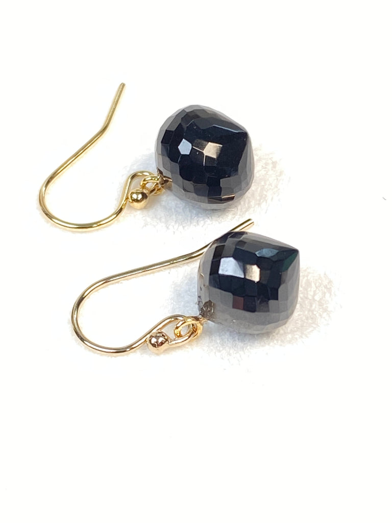AAA Black Spinel Faceted Onion Briolette Dangle Earrings 14k Gold Fill