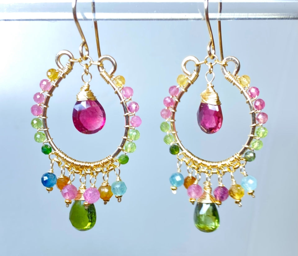 Multicolor tourmaline chandelier hoop earrings gold fill on light grey background
