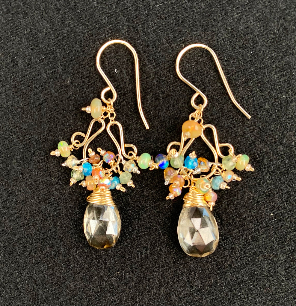 Mystic Smokey Quartz, Colorful Gemstones, Chandelier Earrings, 14k Gold Fill