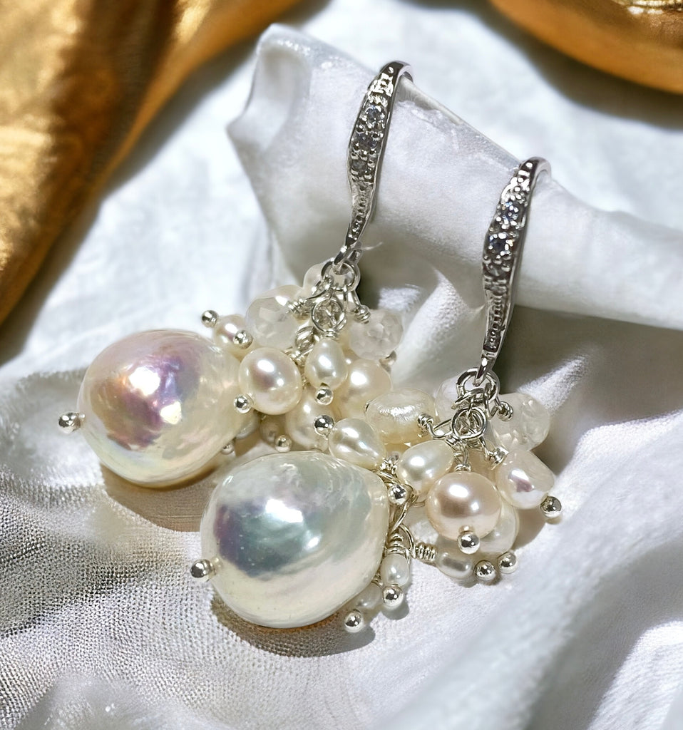 White Edison Pearl Cluster Earrings with Moonstone in Sterling Silver