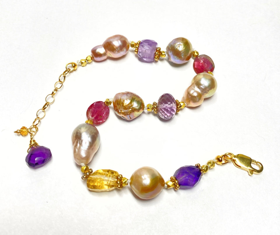 Baroque Pearl and Multi Gemstone Bracelet Gold Fill