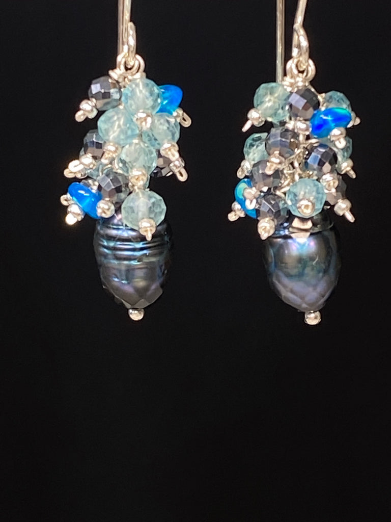 Petite Peacock Pearl Cluster Earrings — Teal Blue Opal, Aqua Apatite, Mystic Black Terahertz