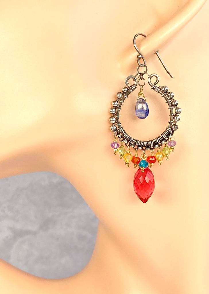 Chandelier Hoop Earrings, Multicolor Gemstone, Oxidized Sterling Silver, Handmade - Doolittle