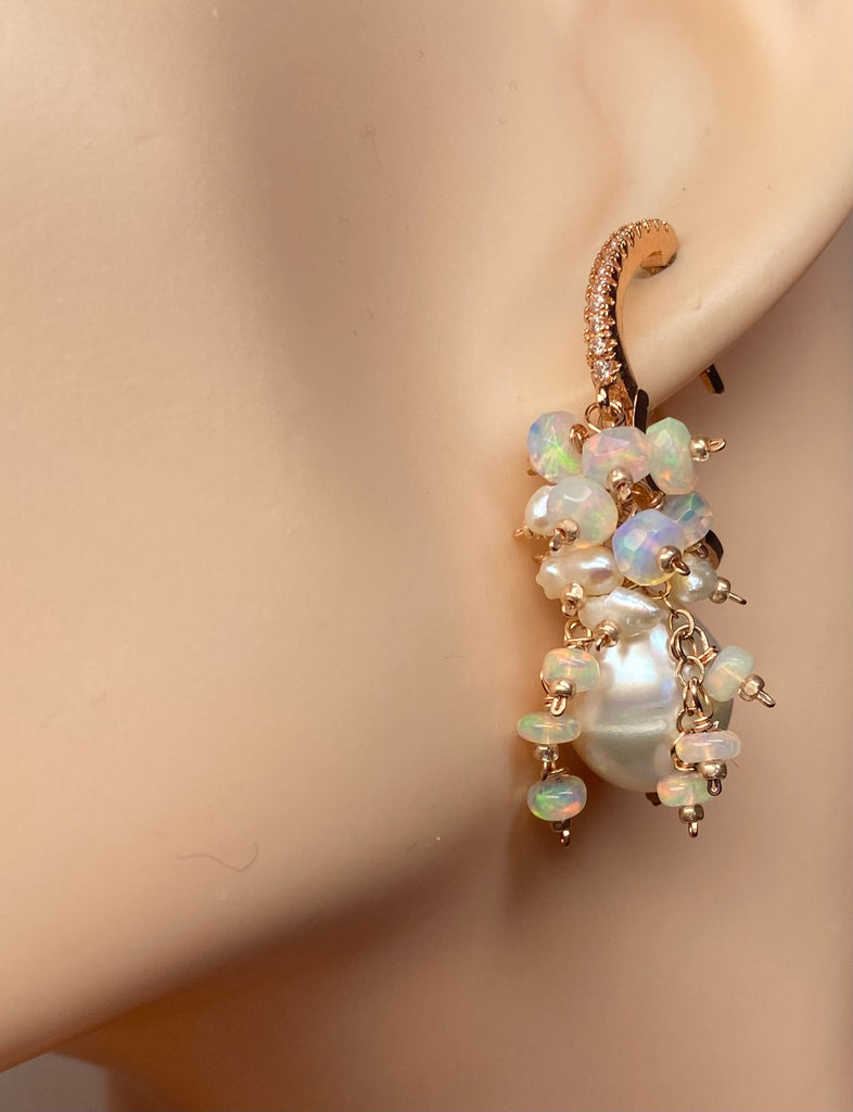 Pearl and Ethiopian Opal Cluster Earrings