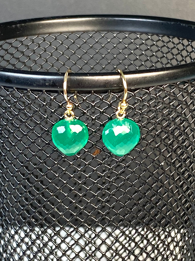 Green Onyx Gemstone Heart Dangle Earrings 14k Gold Fill