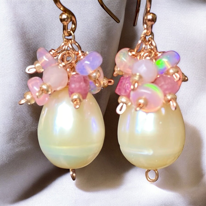 Blush Pink Pearl Cluster Earrings Rose Gold Fill