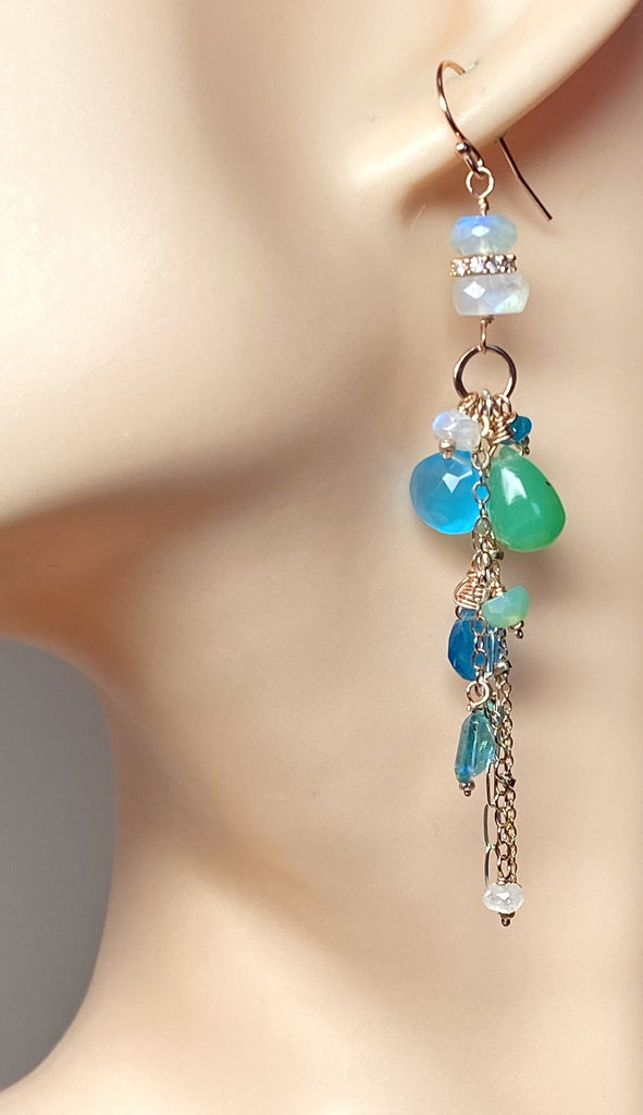 Rose Gold Long Boho Dangle Earrings Mixed Metal with Chrysoprase, Blue Chalcedony and Moonstone