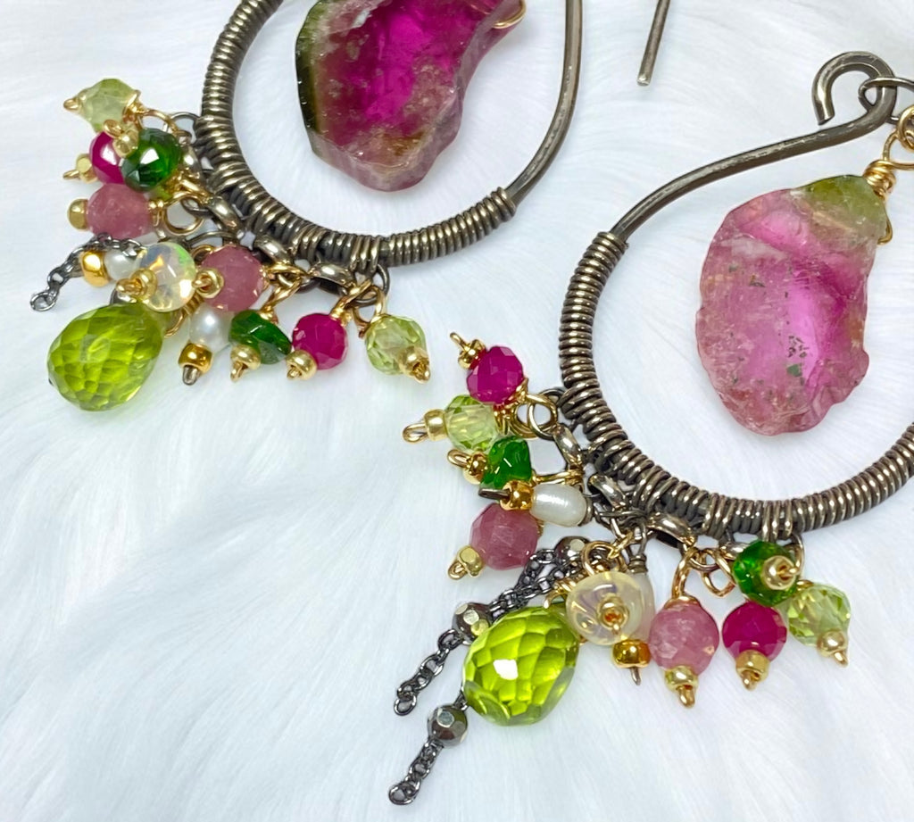 Pink Sapphire, Peridot, Watermelon Tourmaline Hoop Chandelier Earrings