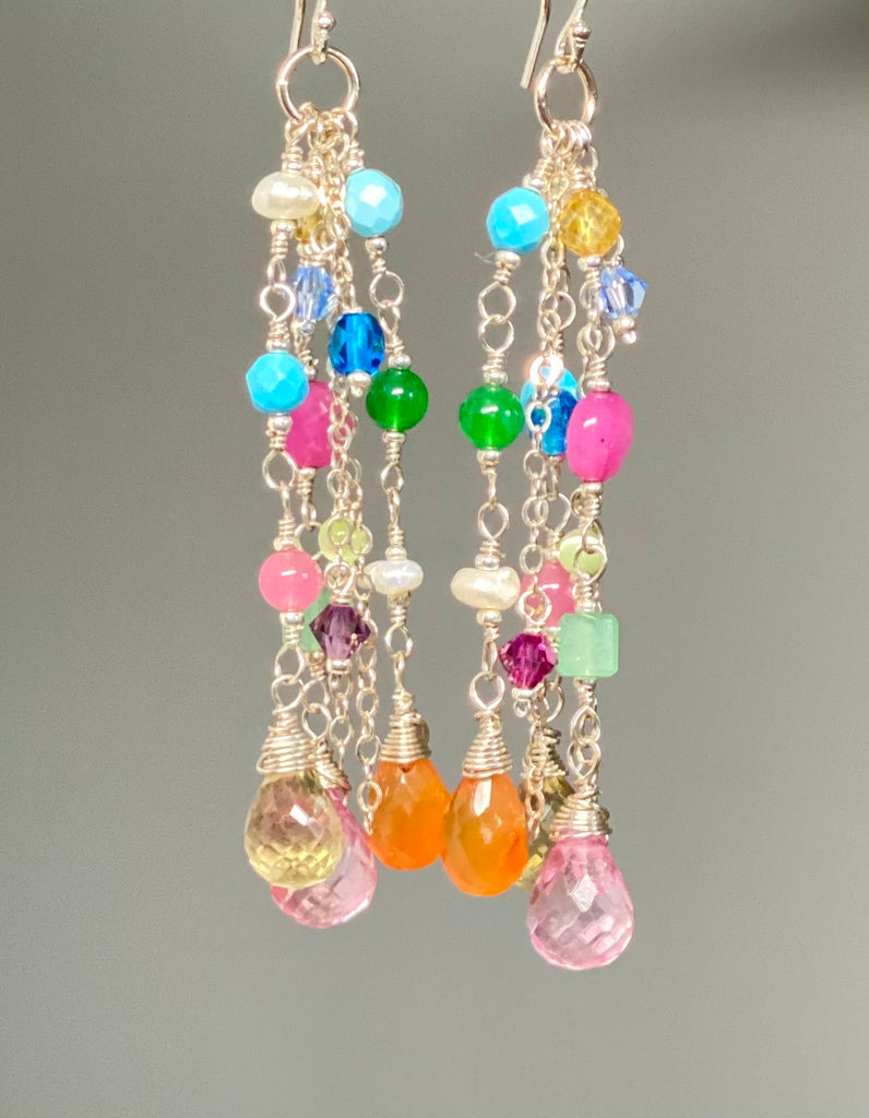 Multicolor Gemstone Dangle Earrings Sterling Silver - Pink, Orange, Yellow - Doolittle