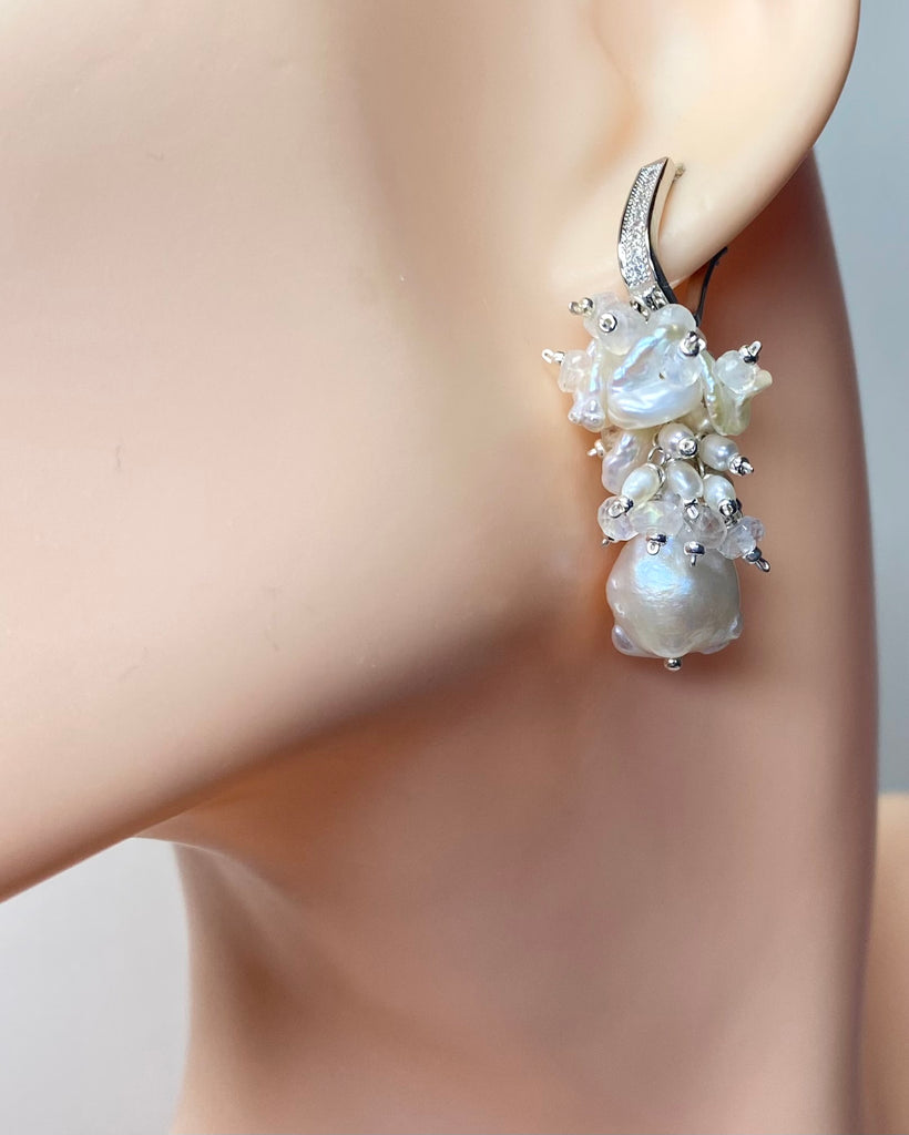 Baroque Flameball Pearl and Moonstone Cluster Bridal Earrings