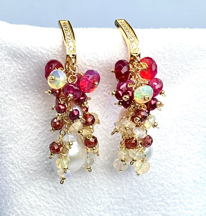 Red Opal, Garnet, Pearl and Ivory Baroque Flameball Pearl Earrings
