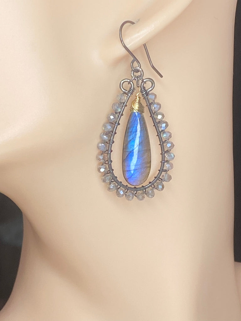 Blue Flash Labradorite Long Hoop Earrings - Oxidized Sterling Silver and Gold Fill - Doolittle
