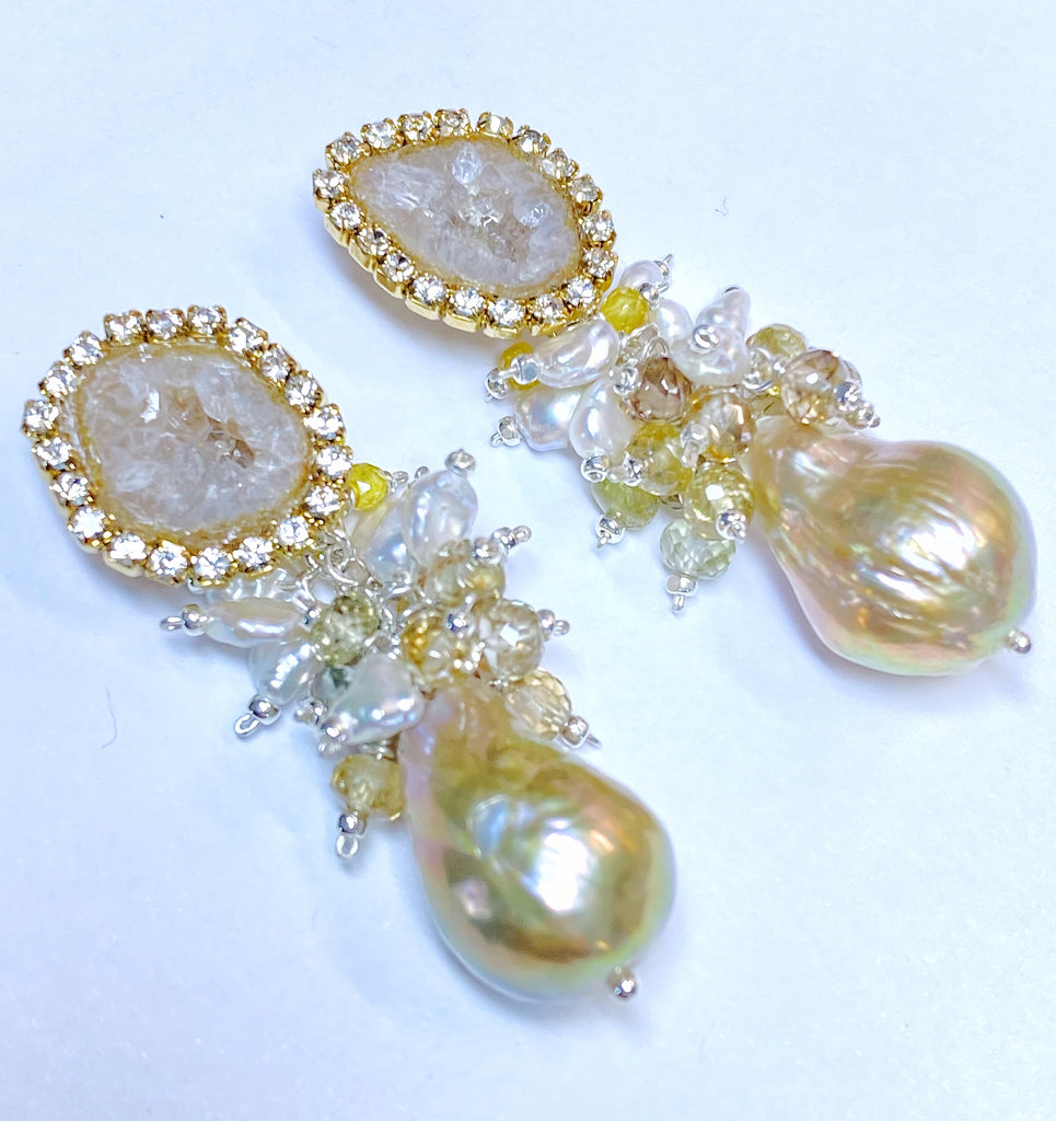 Tabasco Geode and Golden Baroque Pearl Cluster Post Earrings