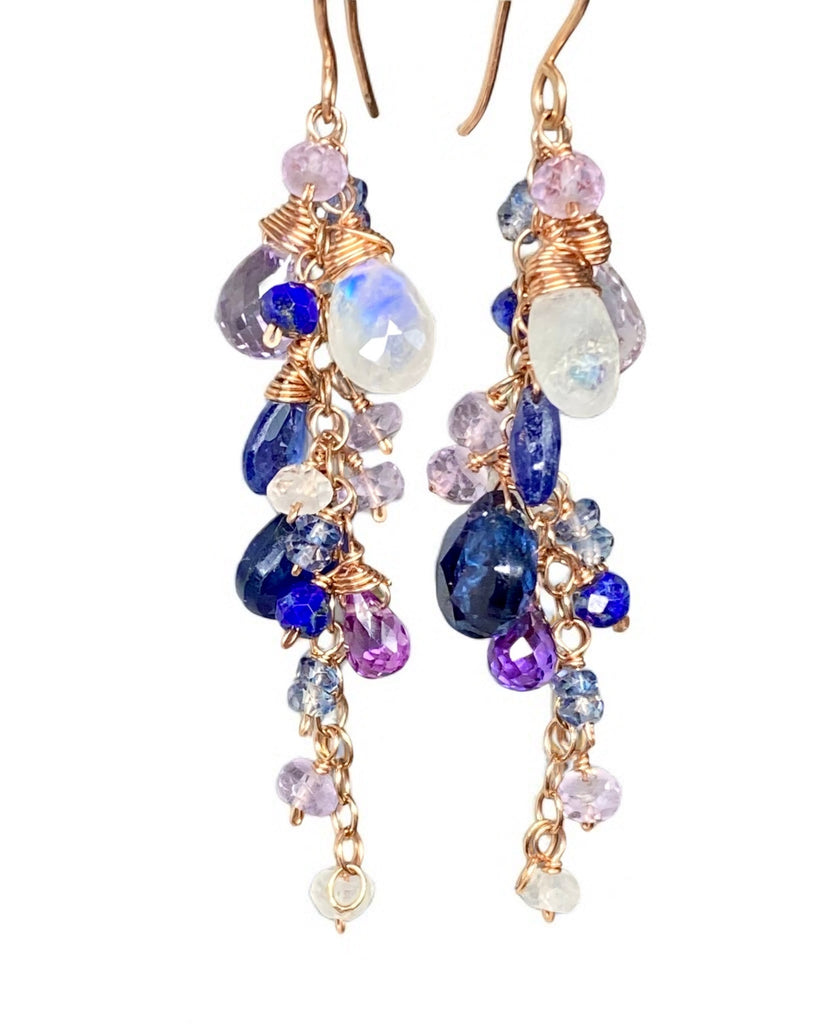 Blue Purple Gemstone Rose Gold Dangle Earrings with Tanzanite