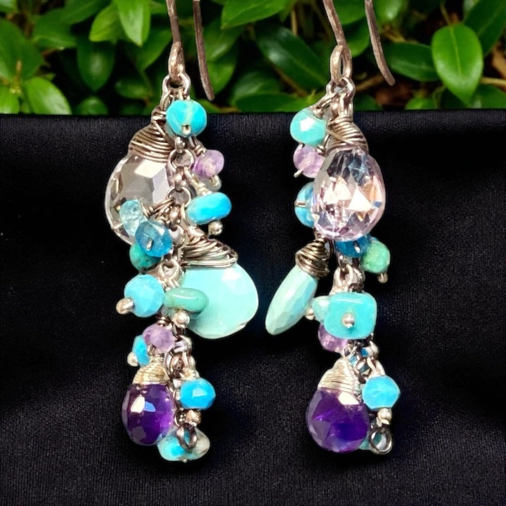 Sleeping Beauty Turquoise Dangle Earrings with Amethyst in Oxidized Sterling Silver