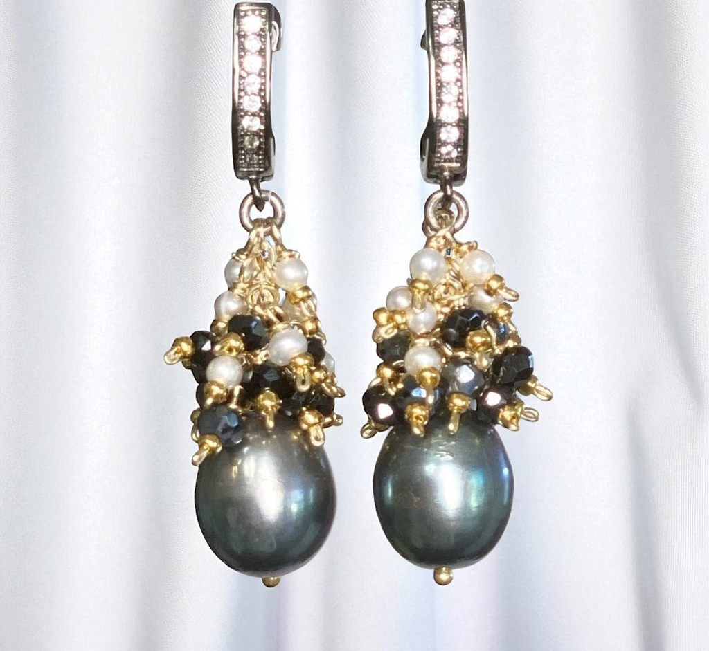 Black Pearl Earrings with White Pearl and Black Spinel Clusters Lever Back