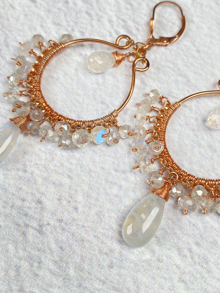 Rainbow Moonstone Rose Gold Hoop Chandelier Earrings - Doolittle