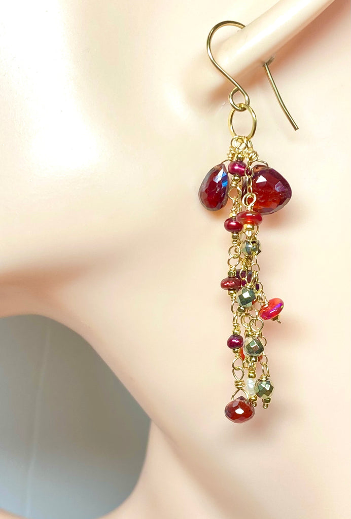 Garnet Dangle Earrings 14 kt Gold Fill with Red Pearls