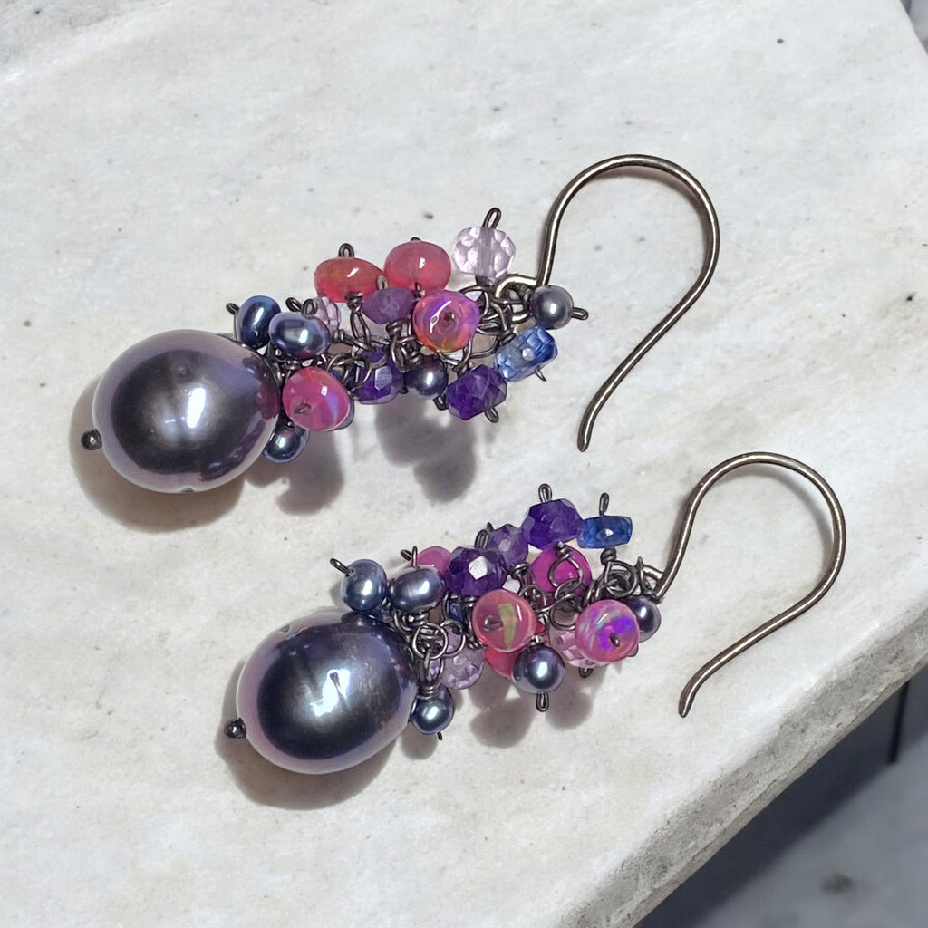 Peacock Pearl Cluster Earrings with Amethyst, Iolite and Pink Opals in Oxidized Sterling Silver