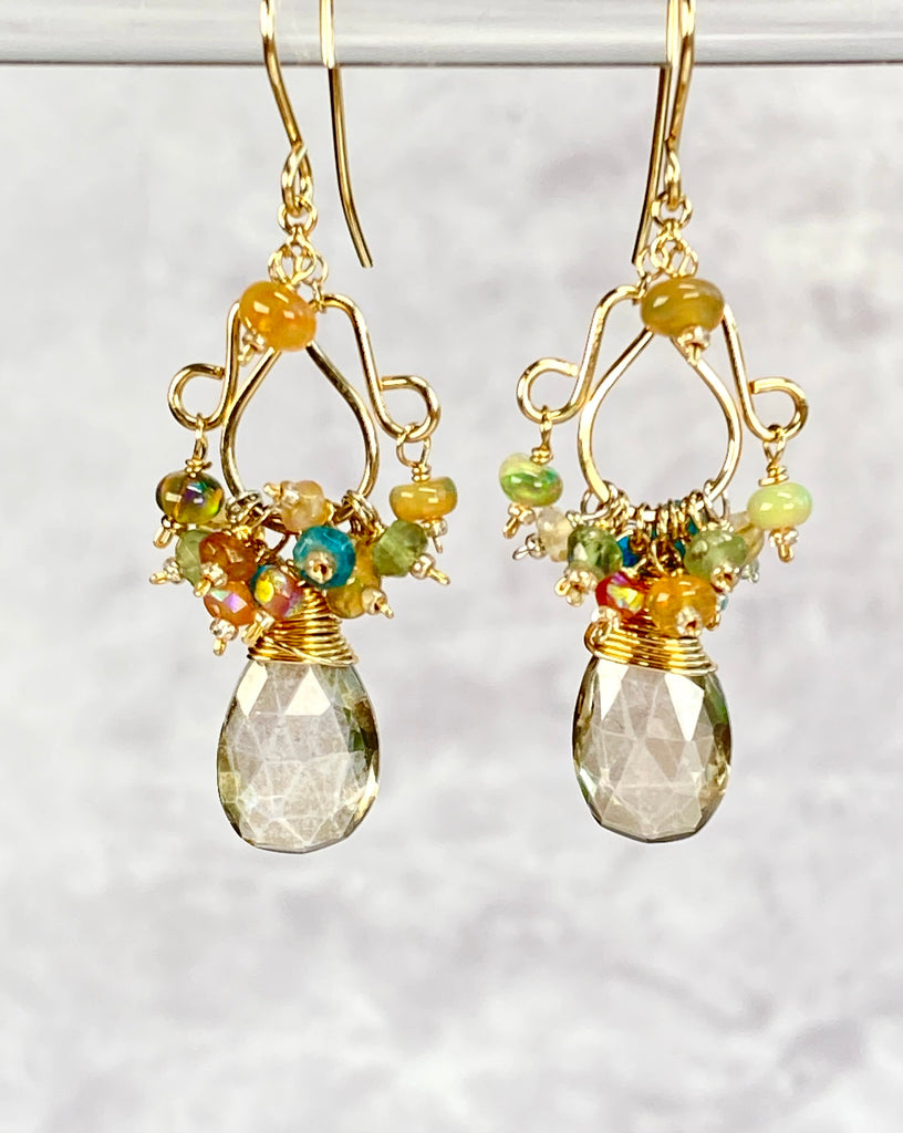 Mystic Smokey Quartz, Colorful Gemstones, Chandelier Earrings, 14k Gold Fill