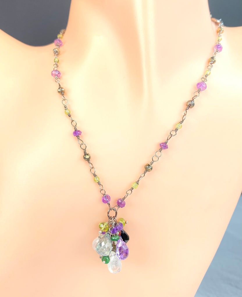 Tourmaline & Moonstone Rosary-Style Cluster Necklace, Oxidized Silver