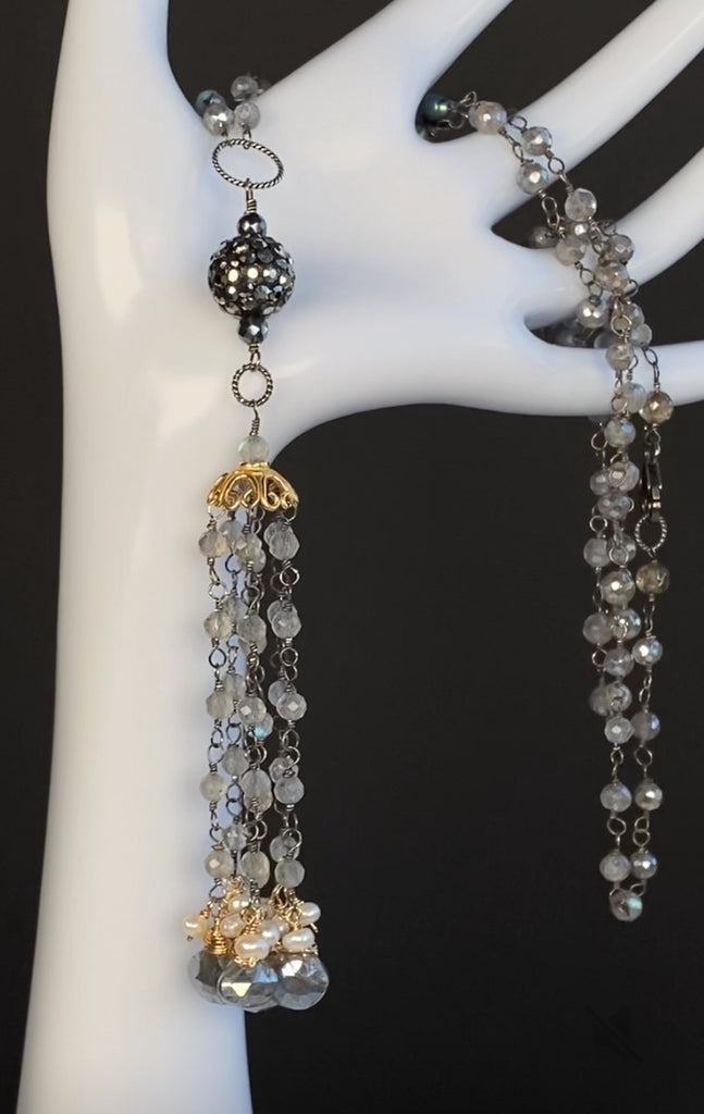 Mystic Labradorite Tassel Pendant Necklace with Marcasite & Spinel — Oxidized Sterling Silver & 14k Gold Fill