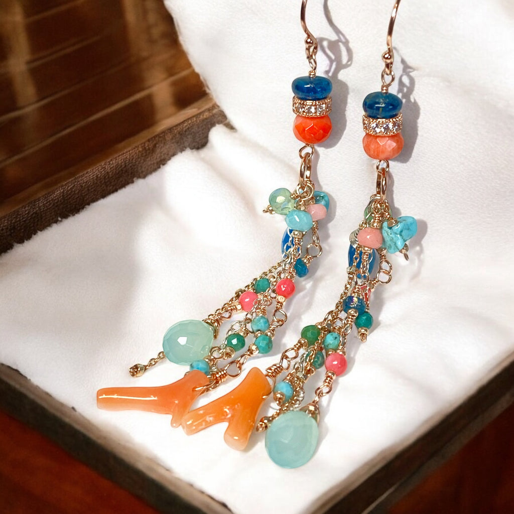 Rose Gold Gemstone Long Boho Dangle Earrings in Turquoise, Coral, Apatite, Aqua