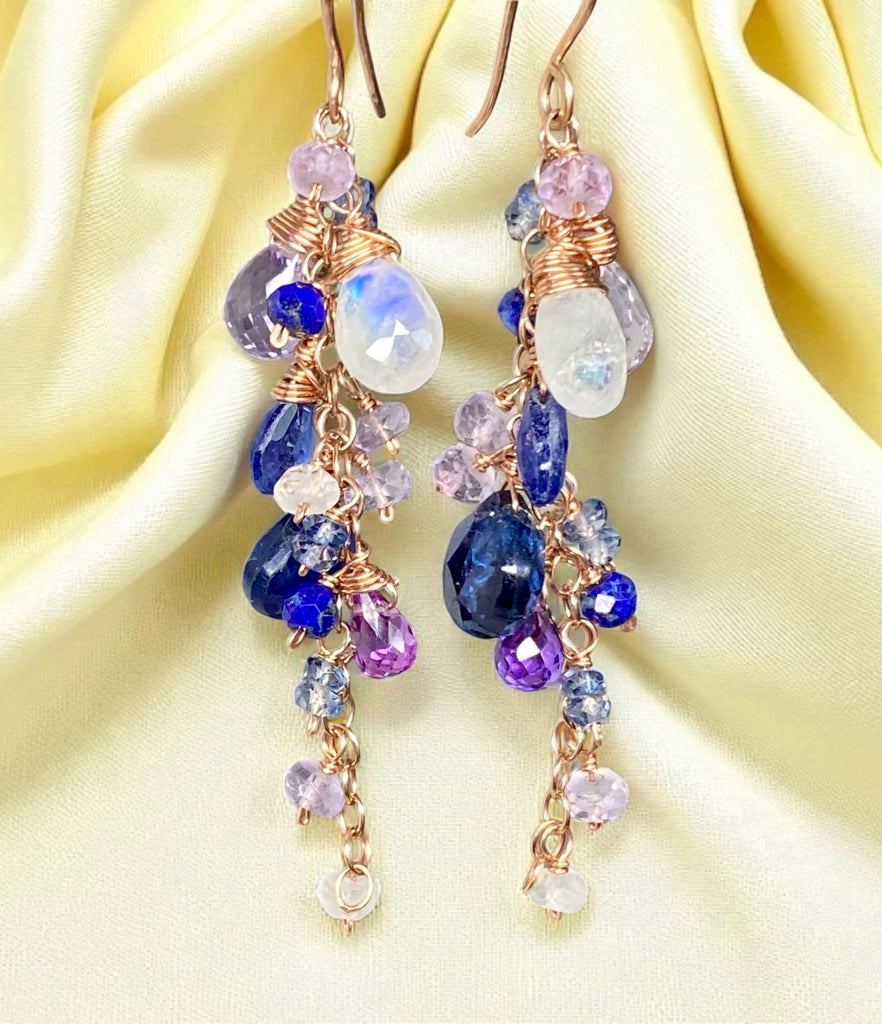 Blue Purple Gemstone Rose Gold Dangle Earrings with Tanzanite