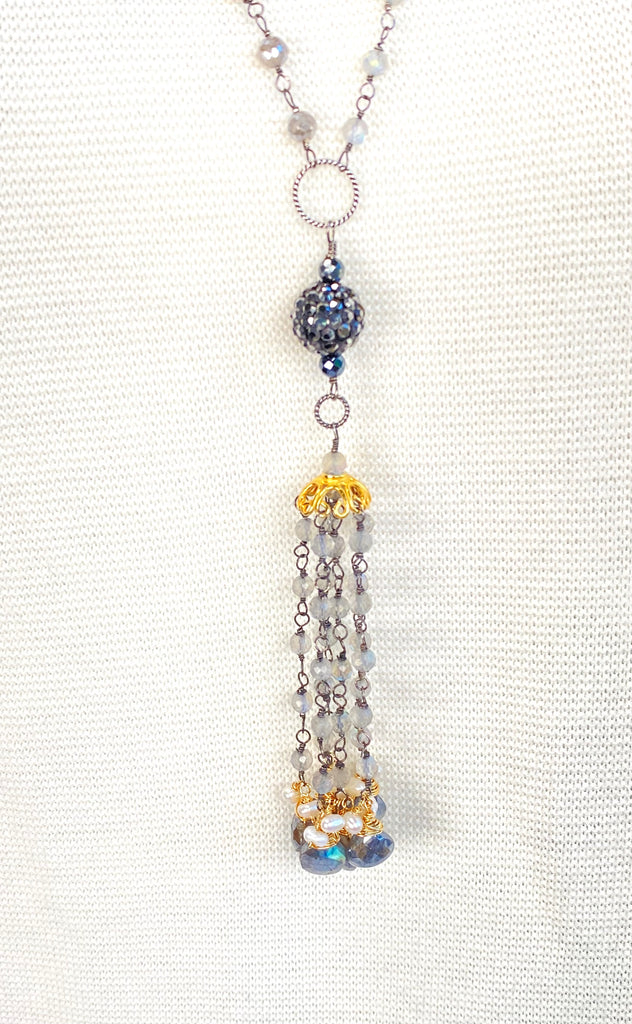 Mystic Labradorite Tassel Pendant Necklace with Marcasite & Spinel — Oxidized Sterling Silver & 14k Gold Fill