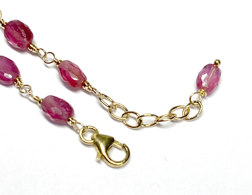 Pink Sapphire Gemstone and Pearl Pendant Necklace, Rosary Style, 14 kt Gold Fill