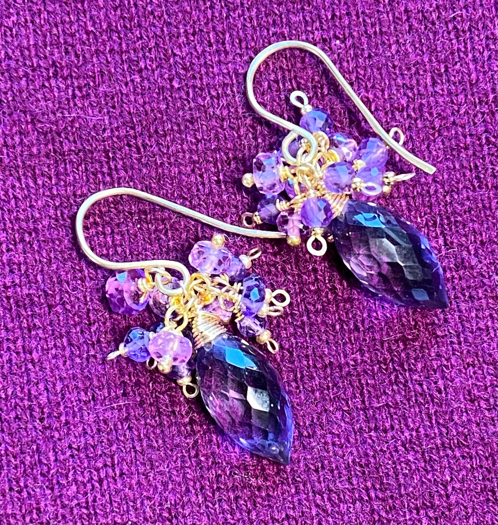 Amethyst, Violet Sapphire Cluster Earrings, Gold Fill