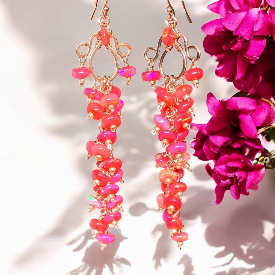 Padparadscha Ethiopian Opals Long Cluster Dangle Earrings Rose Gold 2