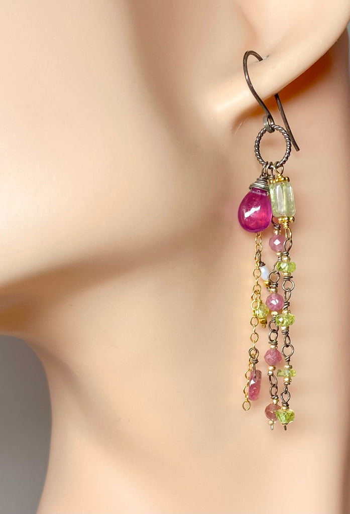Pink Sapphire, Peridot and Tourmaline Gemstone Long Dangle Earrings