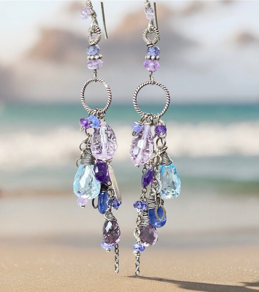 Blue Violet Boho Dangle Earrings Amethyst, Blue Topaz, Kyanite, Oxidized Sterling Silver