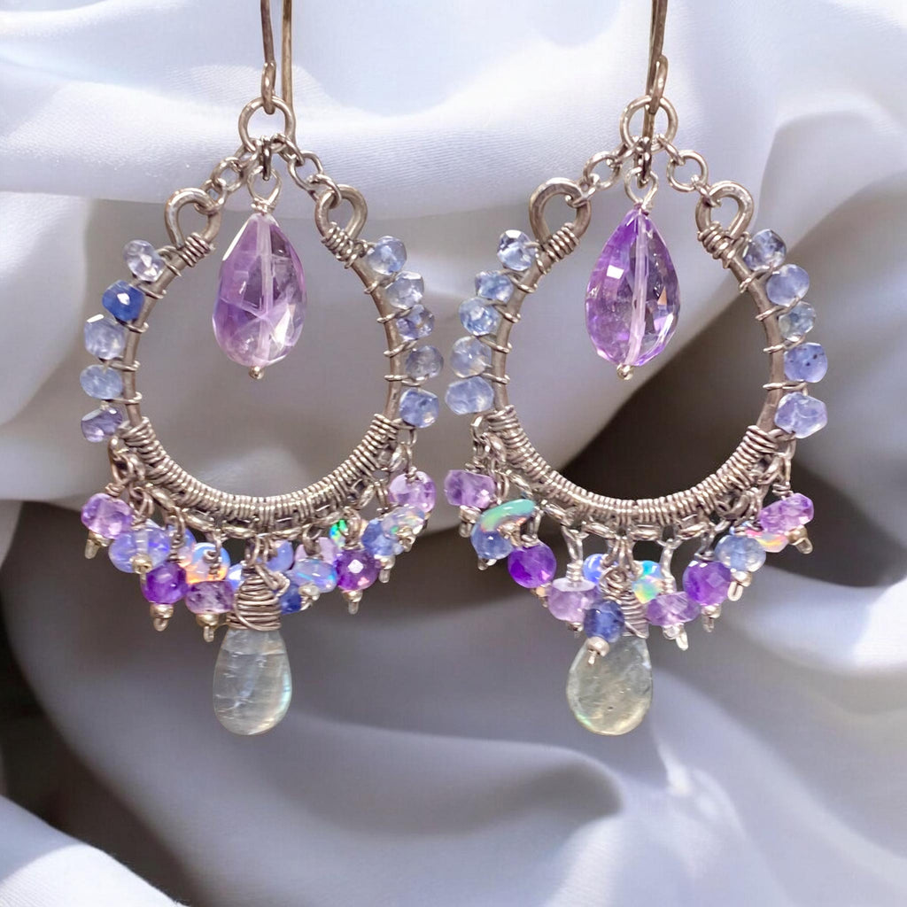 Blue Violet Chandelier Hoop Earrings Oxidized Silver — Iolite Labradorite Amethyst Ethiopian Opal - Doolittle