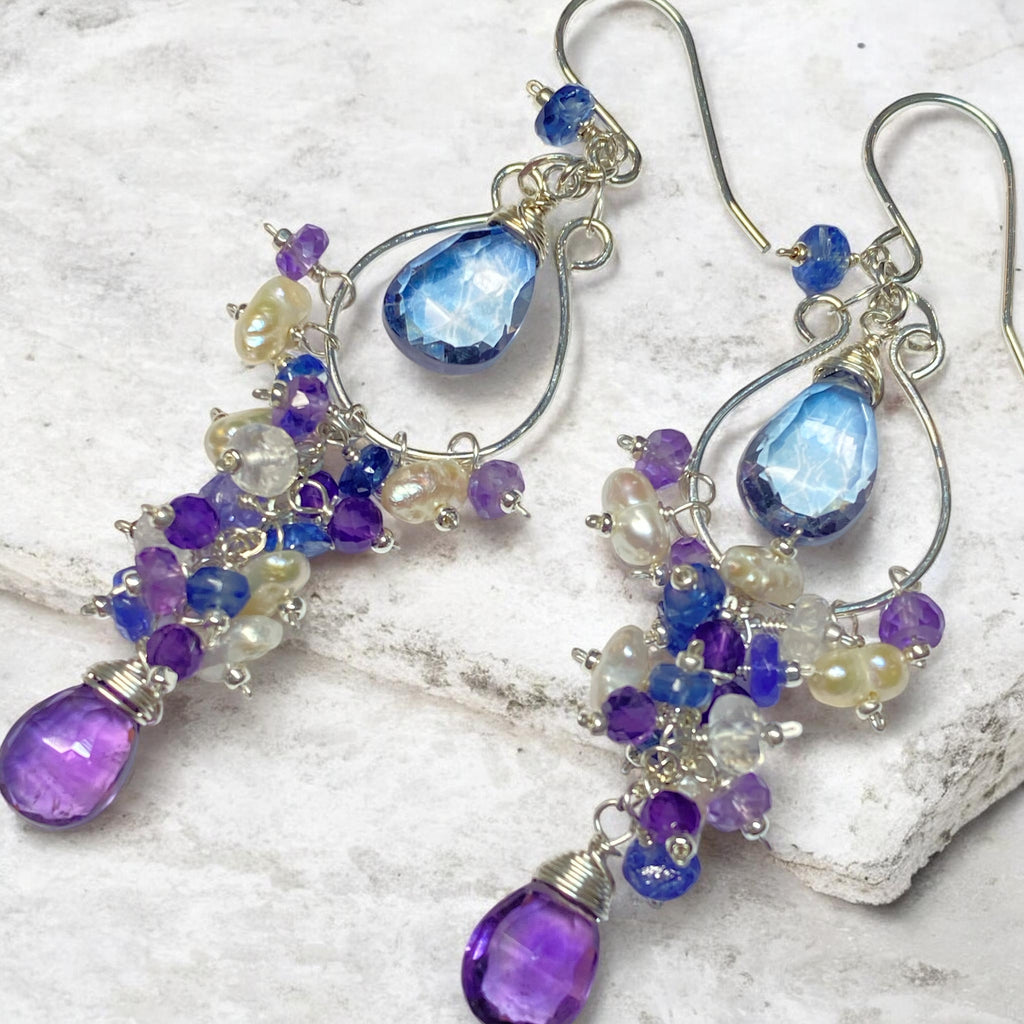 Blue Purple Gemstone Chandelier Hoop Earrings Sterling Silver — Tanzanite Amethyst Kyanite Moonstone - Doolittle