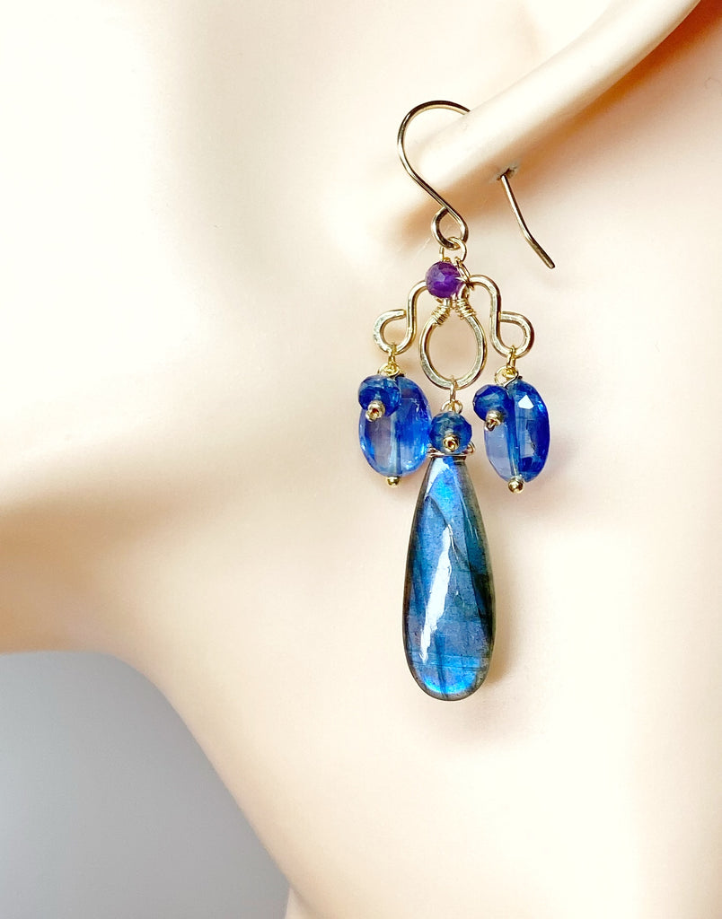 Blue Labradorite Statement Chandelier Earrings in Gold Fill with Kyanite