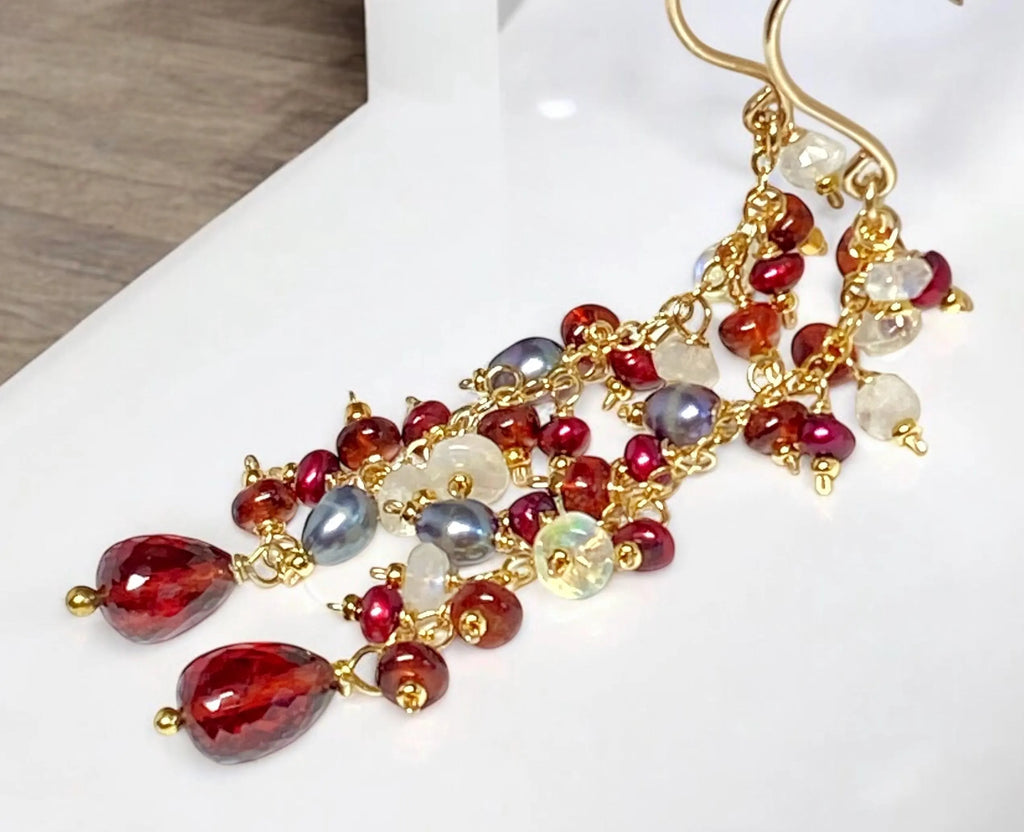 Red Garnet Cranberry Pearl and Opal Long Dangle Earring, Gold