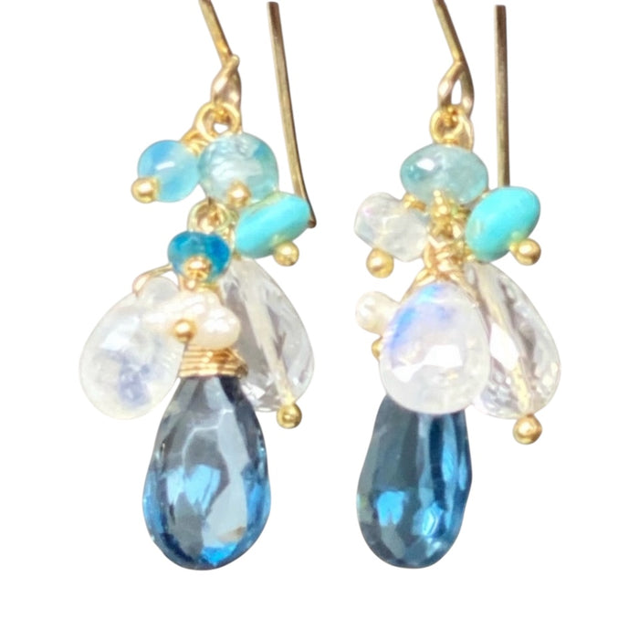 London Blue Topaz, Moonstone, Crystal Quartz Dangle Earrings, Gold Fill
