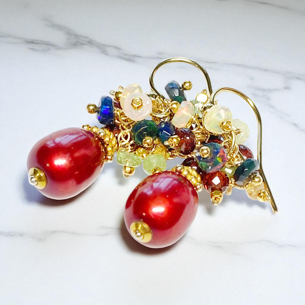 Red Pearl, Opal and Garnet Cluster Earrings Gold Fill 2
