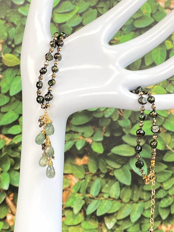 Green Moonstone and Pearl Silk Knot Pendant Necklace