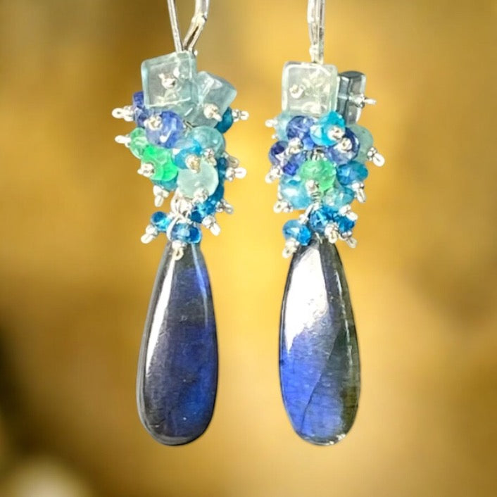 Blue Labradorite Long Gemstone Cluster Earrings in Blue, Green, Sterling Silver