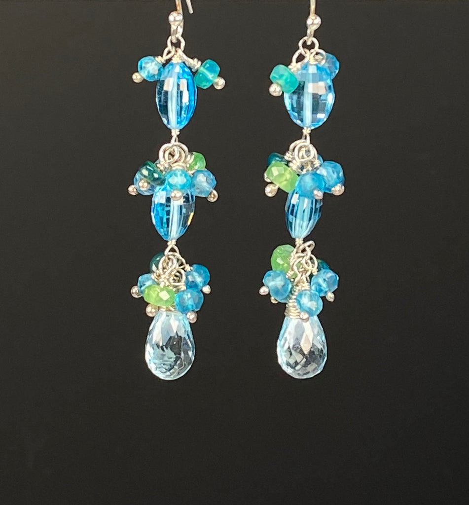 Swiss Blue Topaz & Ethiopian Opal Cluster Earrings, Sterling Silver