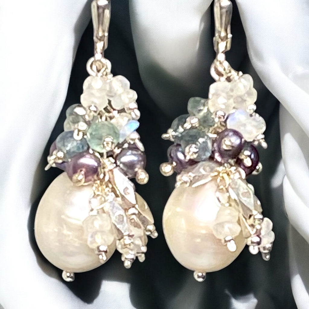 Moss Aquamarine and Pearl Cluster Earrings, Sterling Silver