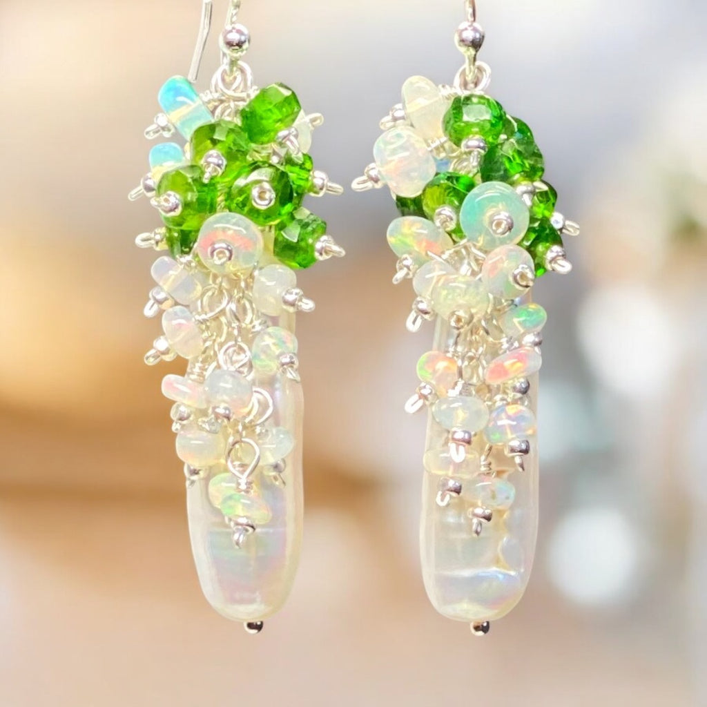 White Biwa Pearl with Chrome Diopside, Opal Clusters, Sterling Silver