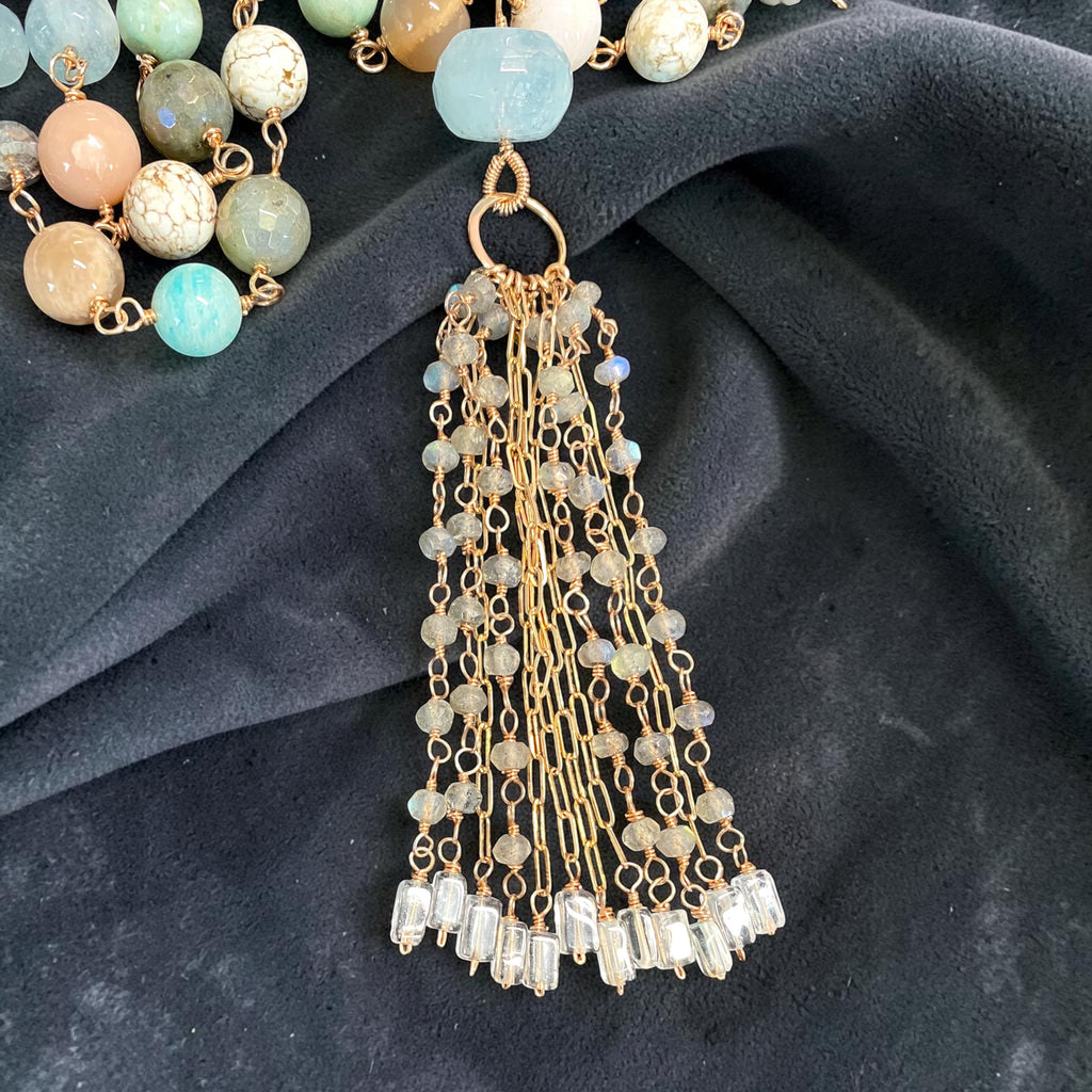 Aquamarine Labradorite Multi-Gemstone Long Tassel Necklace — Rose Gold Fill