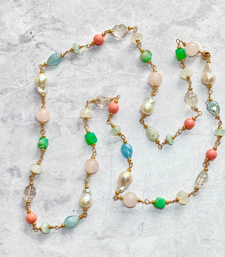 Multi Gemstone Pastel Long Necklace with Herkimer Diamond Aquamarine Gold