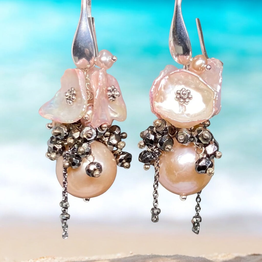 Pink Edison Pearl Cluster Earrings Blush Pink Keishi and Black Pyrite, French Style